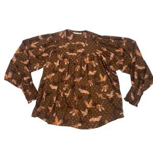Happy X Nature Size L Brown Polka Dot Crane Bird Print Smocked Peasant Blouse